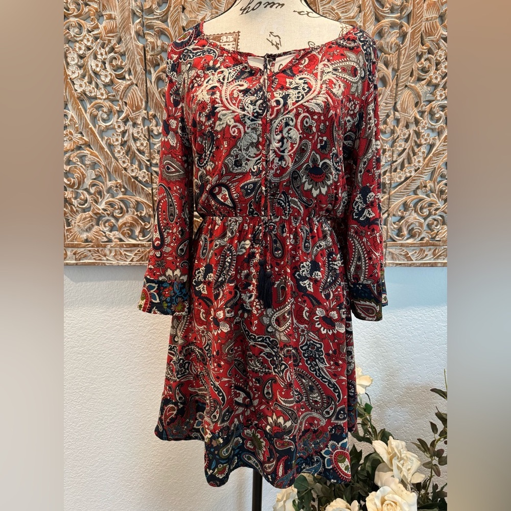Flying Tomato Red & Navy Blue Paisley Lightweight Flowy Mini Dress- size S